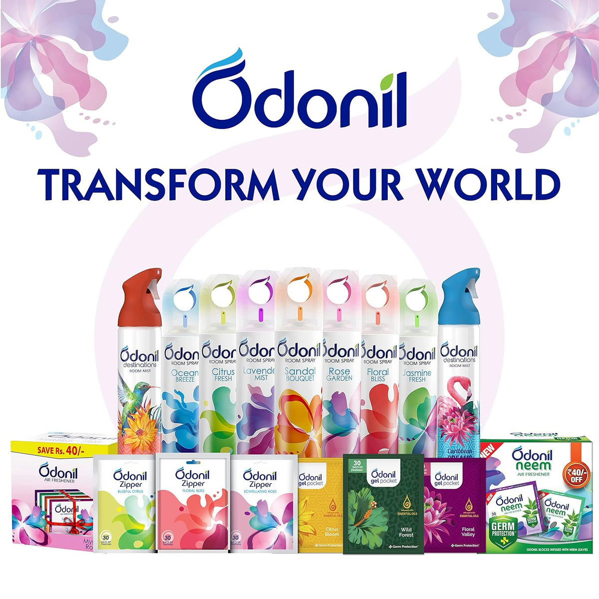 Odonil Gel Pocket Mix - 60g (10g x 6) | Assorted pack of 3 new fragrances | Infused with Essential Oils | Germ Protection | Lasts Up to 30 days | Air Freshener for Bathroom, Toilet, Home & Office