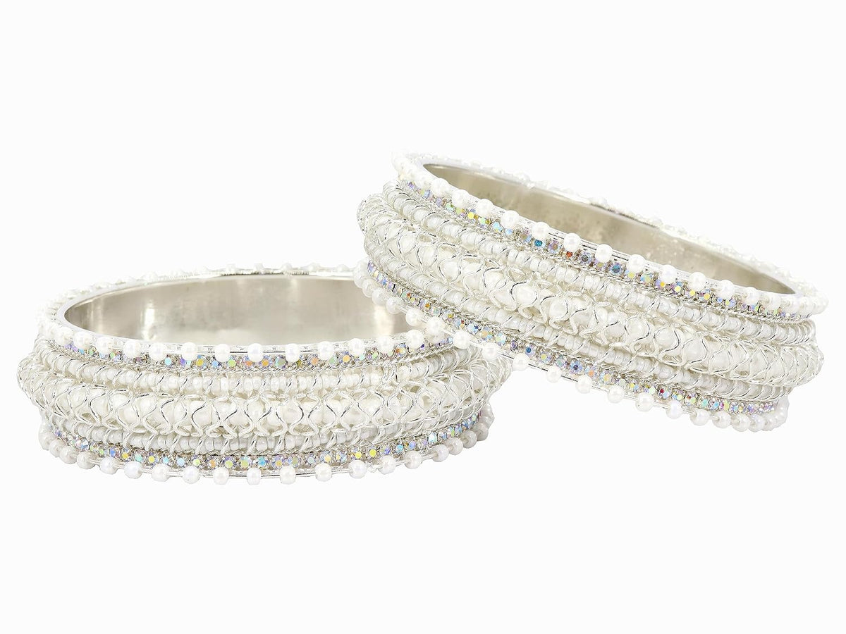 NMII Alloy Metal Bangles Kada Set For Girls and Women Studded Pearls and Zircon Stone | Metal Bangles | Pearls Bangle | Women's Bangles | (Pack of 2)