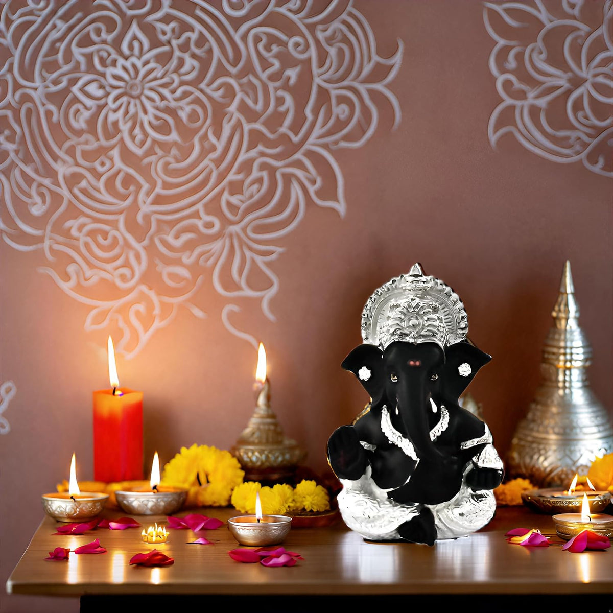 DIVINITI 999 Silver Plated Ganesha Idol for Home Decor Puja |Ganesh Idol for Home Decor Ganpati for Gift 3.5 inches |Ganesh Statue Gift for Office Desk Puja Room Figurine (8.89 x 5.08 cm) (Black)