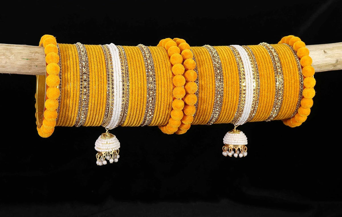 NMII Premium Gold Plated Metal Velvet Bangles Latkan Chuda Set For Bridal Women & Girls with Pearls Moti & Zircon Diamond | Dulhan Chura Fancy | Bridal Bangles Set for Wedding- Set of 70 Bangles