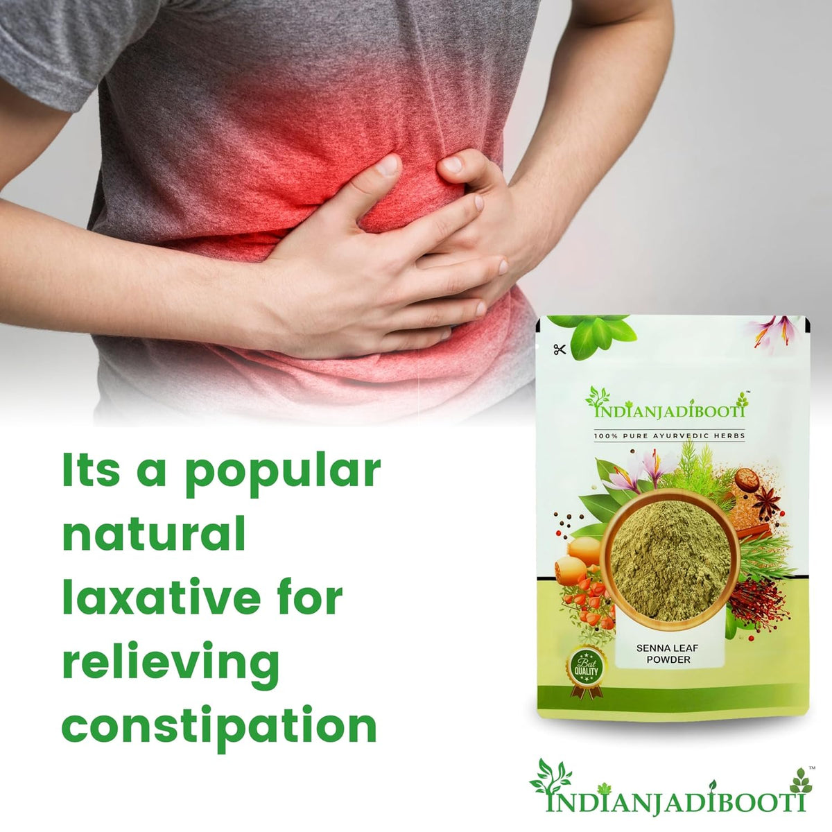 IndianJadiBooti Senna Leaf Powder (100g) - Pure Cassia Angustifolia (Sanay Patti/Sonamukhi) - Natural Herbal Tea for Digestive Comfort, Regular Bowel Movement & Detox - Travel Friendly
