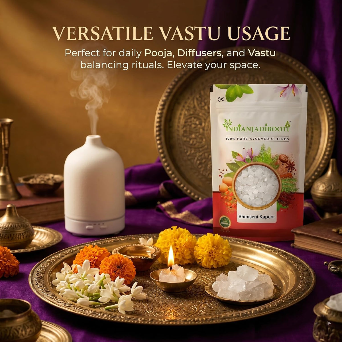 IndianJadiBooti Premium Bhimseni Kapoor – 100% Pure Natural Camphor Crystals for Pooja, Diffuser & Vastu – No Wax, No Residue, Pacha Karpooram for Meditation & Air Purification (100g (The Trial Pack))