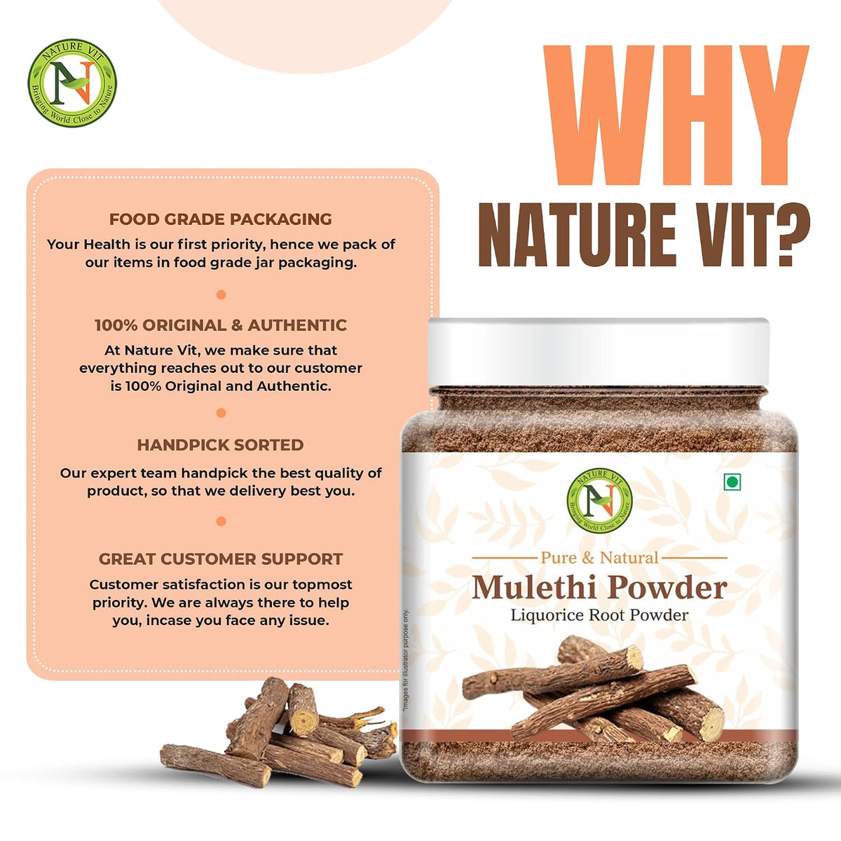 NatureVit Mulethi Powder, 250g | Edible Licorice Powder for Skin Brightening, Hair Care & Digestion | Natural & Preservative-Free | Yashtimadhu