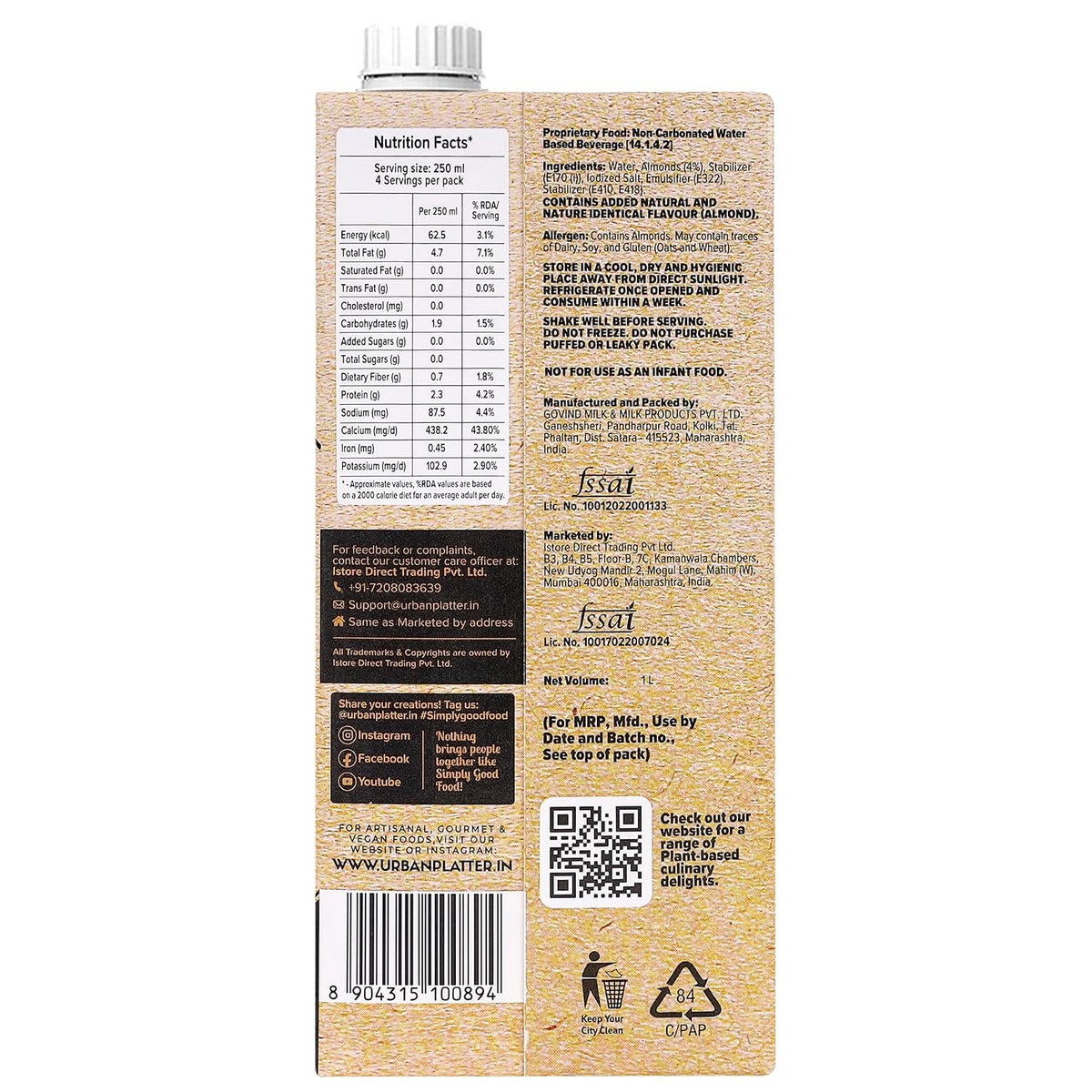 Urban Platter Almond Milk, 1 Litre (Unsweetened | Lactose-Free | Plant-Based Milk Alternative | Works Beautifully in Tea and Coffee)
