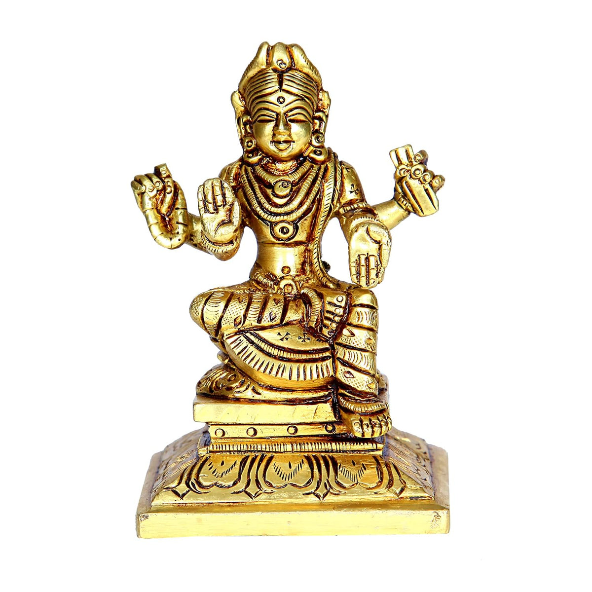 Aalayam Selveer Balambigai Statue Small | Bala Tripura Sundari Idol Square Base | Balambika Idol Brass 9cm Height Brass Gold Colour 1 Piece