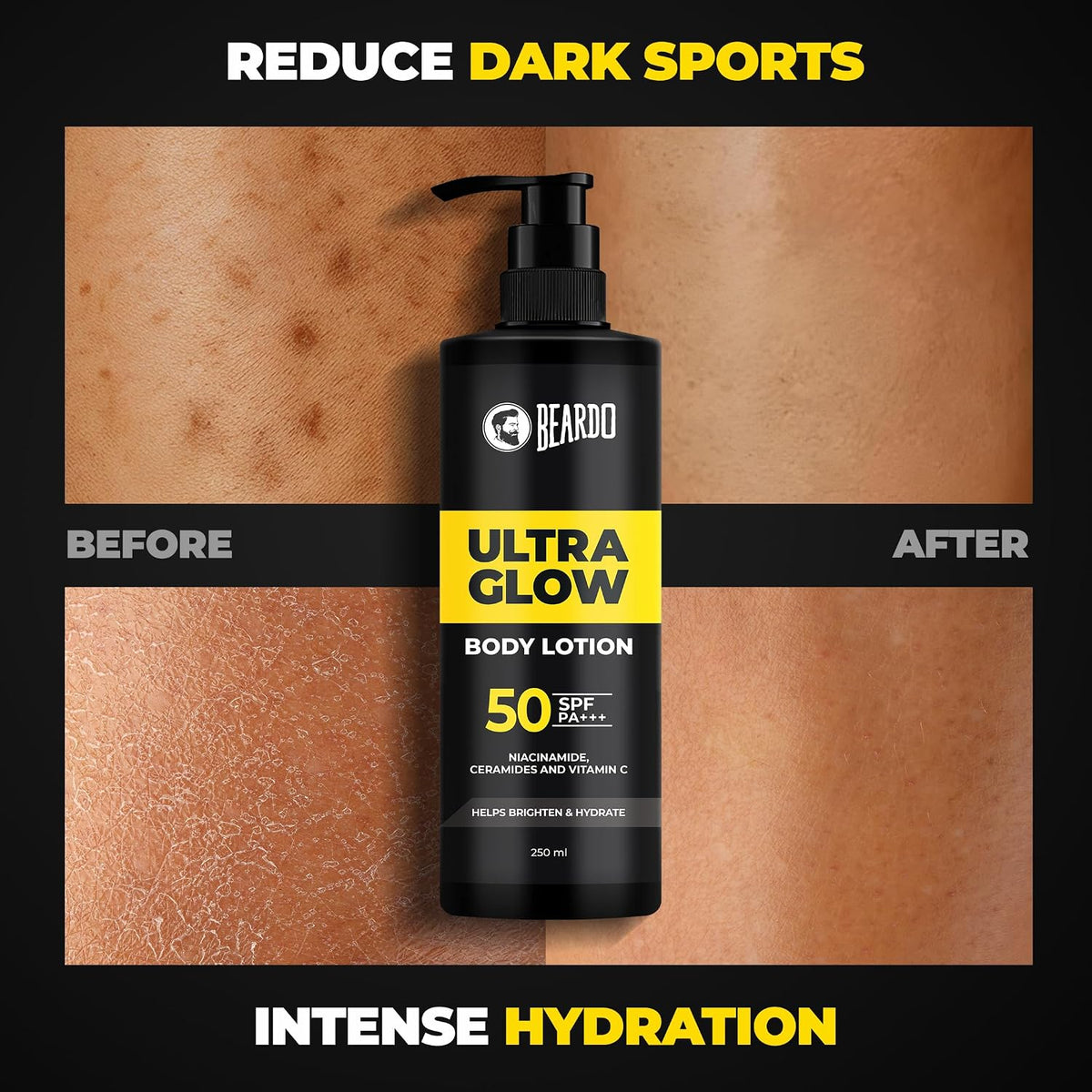 Beardo Ultraglow SPF 50 PA+++ Body Lotion for Men, 250 ml | Sun protection,Hydrating & Light Weight Winter Moisturizer for Body | Moisturizes & Nourishes Dry Skin | Body Butter for Men