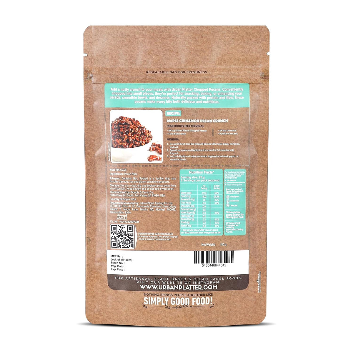 Urban Platter Chopped Pecans, 150g (Imported from the USA | Ideal for Baking, Desserts & Everyday Snacking)