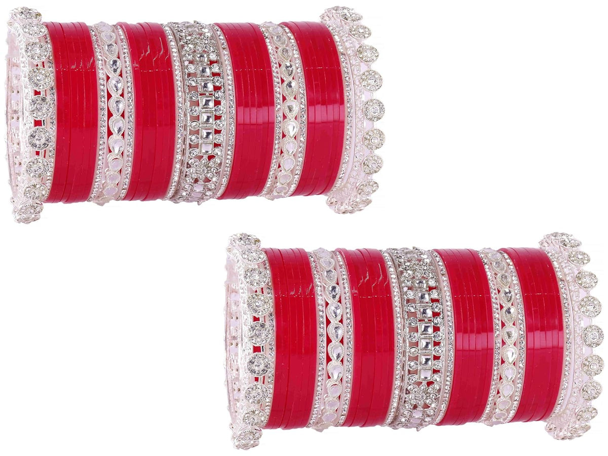 NMII Premium Metal Bangles Silver Chuda Set For Bridal Women & Girls with Zircon Diamond & Kundan Beads | Designer AD Chuda | Bridal Bangles Chooda Set For Wedding, Party, Occasion-Set of 74