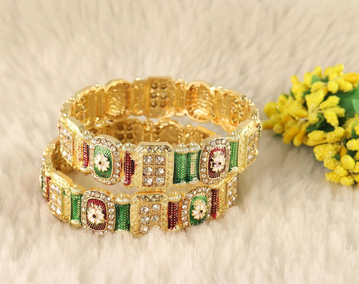 NMII Royal Golden Metal Bangles Set For Women & Girls with Zircon Diamond Stone | Traditional Gold Plated Kangan Set | Fancy Women's Fashion Jewellery Bangles | Wedding, Party, Festive- Set of 2