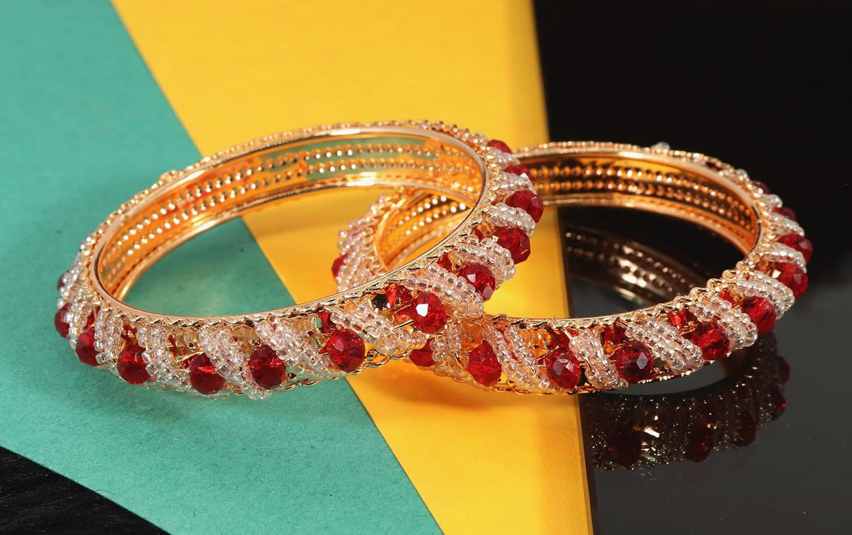 NMII Stylish Pearls & Alloy Metal Kada Set For Women and Girls | Metal Bangles For Women | Traditional Kada Bangles For Girls | Pearls Moti Bangles | Red Kada bangles for women, (MAH58_9001-Red-2.2)