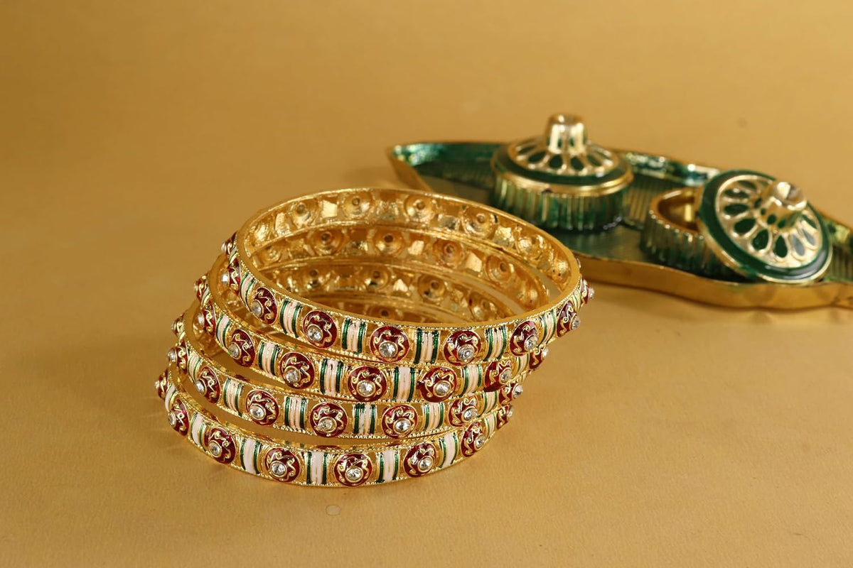 NMII Traditional Metal Bangles Set For Women & Girls with Golden Zircon Stones & Multicolour Finish | Designer Rajwadi Design Kangan | Premium Girls' Bangles Kada Set Wedding, Party, Festive- Set of 4