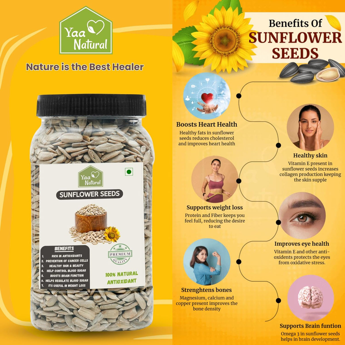 Yaa Natural Raw Pumpkin & Sunflower & FlaxSeeds - AAA Grade Seeds for Eating Source of Antioxidants Zinc & Iron & Dietary Fibre | Rich in Protein (