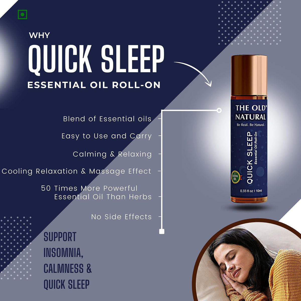 The Old Natural Quick Sleep Roll On For Instant Sleep, Stress Relief, Relaxation - An Unique Blend Of Essential Oils (Pack of 2-20ml)
