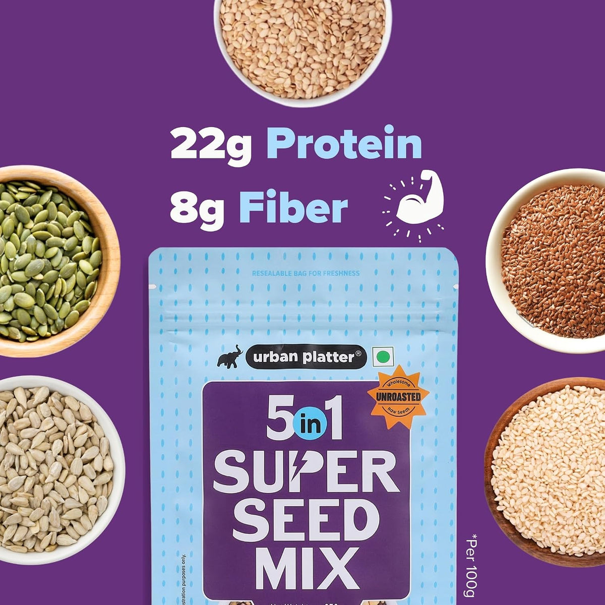 Urban Platter Unroasted 5-in-1 Super Seed Mix, 250g (High Protein & Fiber | Pumpkin, Sunflower, Watermelon, Sesame & Flax Seed Blend | Raw & Ready-to-Eat Superfood Snack)