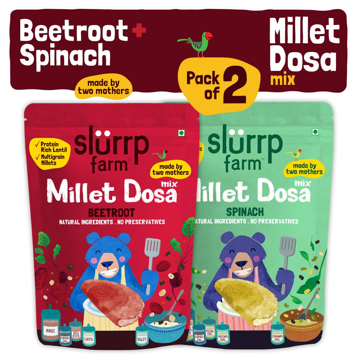 Slurrp Farm Baby Cereal, Ragi, Rice and Strawberry with Milk, Instant Healthy Wholesome Food, 200 g & Millet Dosa Instant Mix, Supergrains Spinach and Beetroot, Natural and Healthy Food, 150