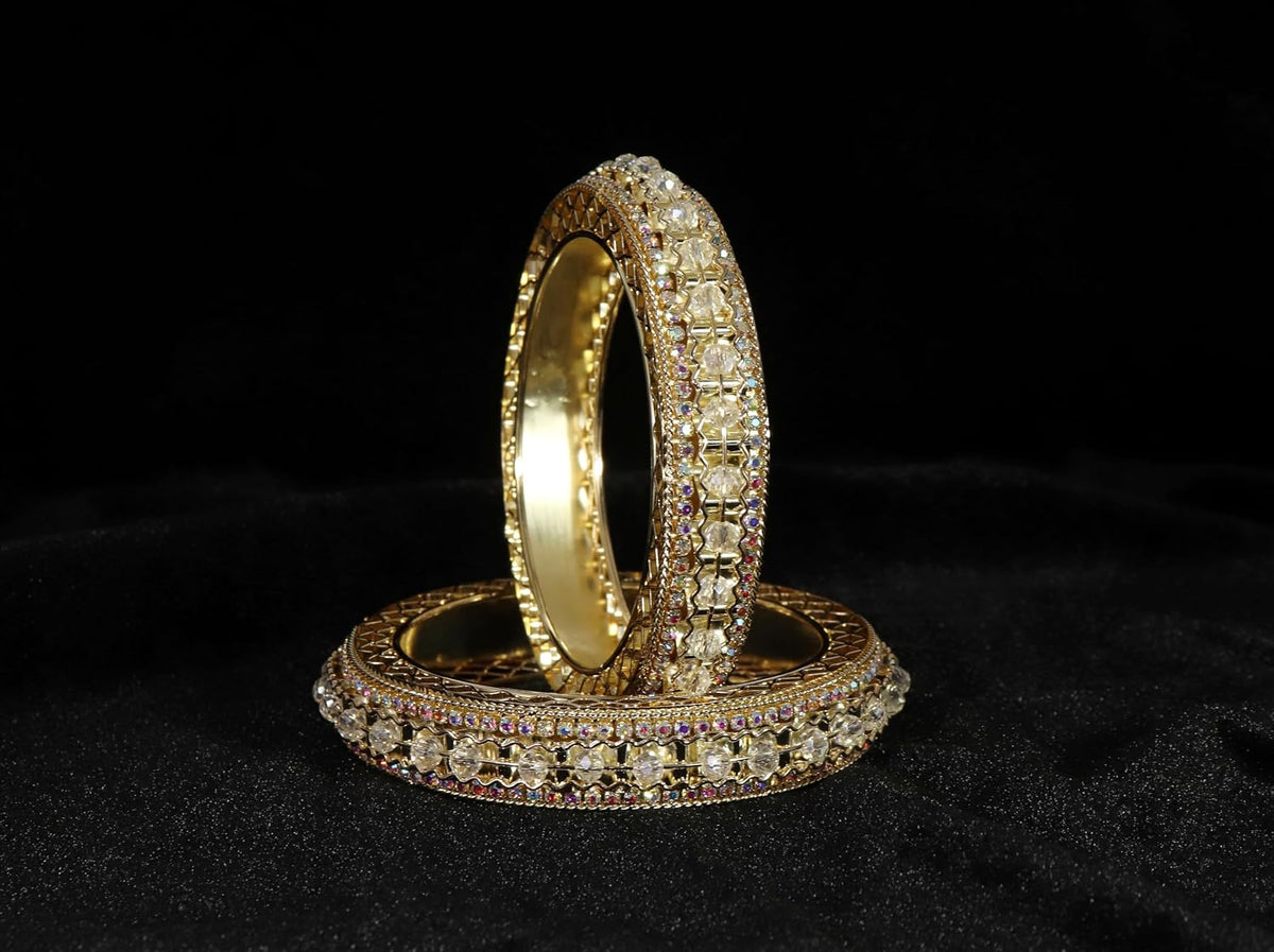 NMII Metal with Zircon Gemstone & Artificial Pearls Studded Stylish Kada Bangles Set For Women & Girls | Traditional Kada For Women | Women's Bangles For Wedding, Party, Occasion- Set of 2
