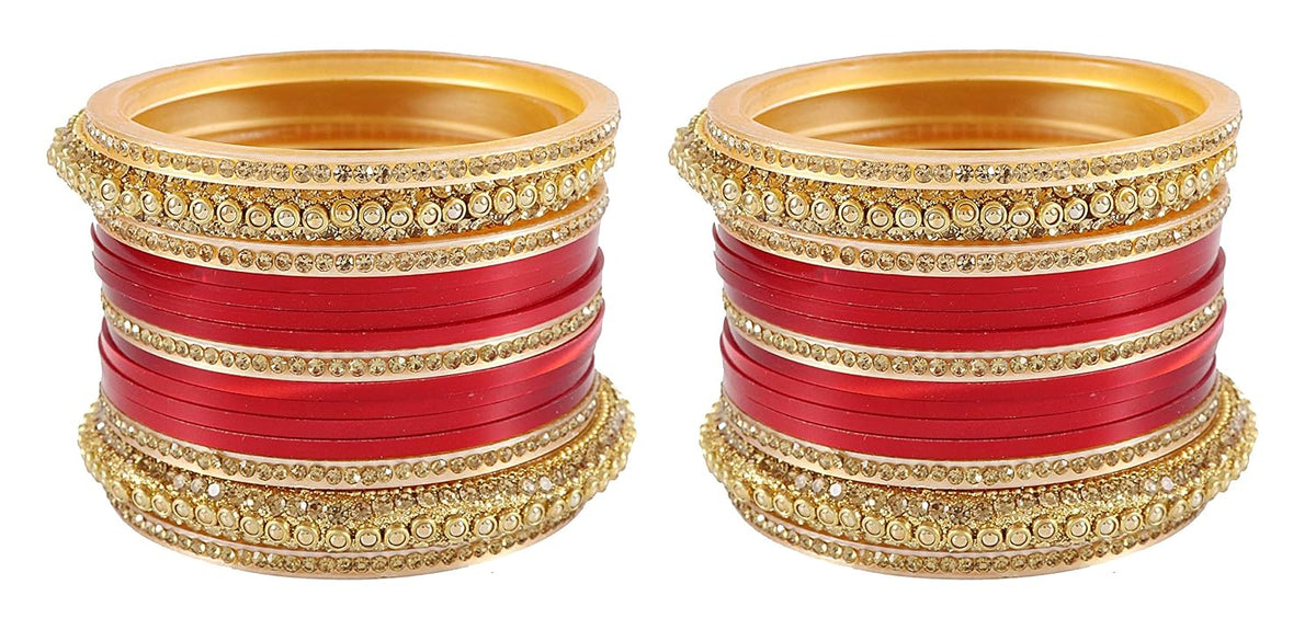 NMII Golden Traditional Acrylic Plastic Chuda Set For Bridal Women & Girls with Zircon Stone & Beads | Stylish Bridal Bangles For Wedding | Plastic Chura Set Punjabi Bnagles