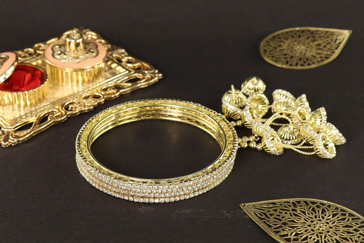 NMII Premium Alloy Metal Kada Set With Zircon Gemstone & Linked With Bell Latkan For Women & Girls | Traditional Jhumka Kalira Kada with Hangings | Wedding, Party, Festive Kaleera Bangles - Set of 4