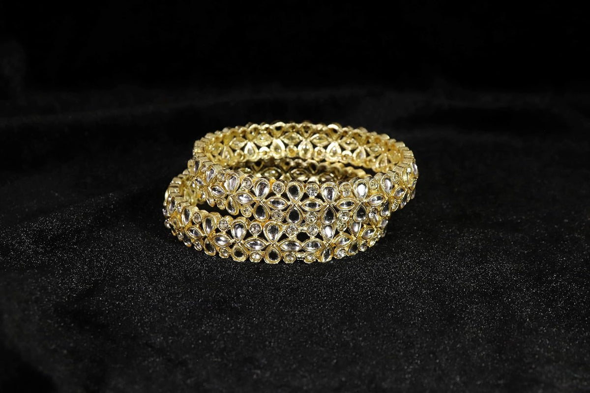 NMII Traditional Gold Plated Brass Metal with American Diamond & Kundan Stone Work Bangles Set For Women & Girls | Kada For Women Stylish | Bangles For Wedding, Party, Occasion Wear- Set of 2