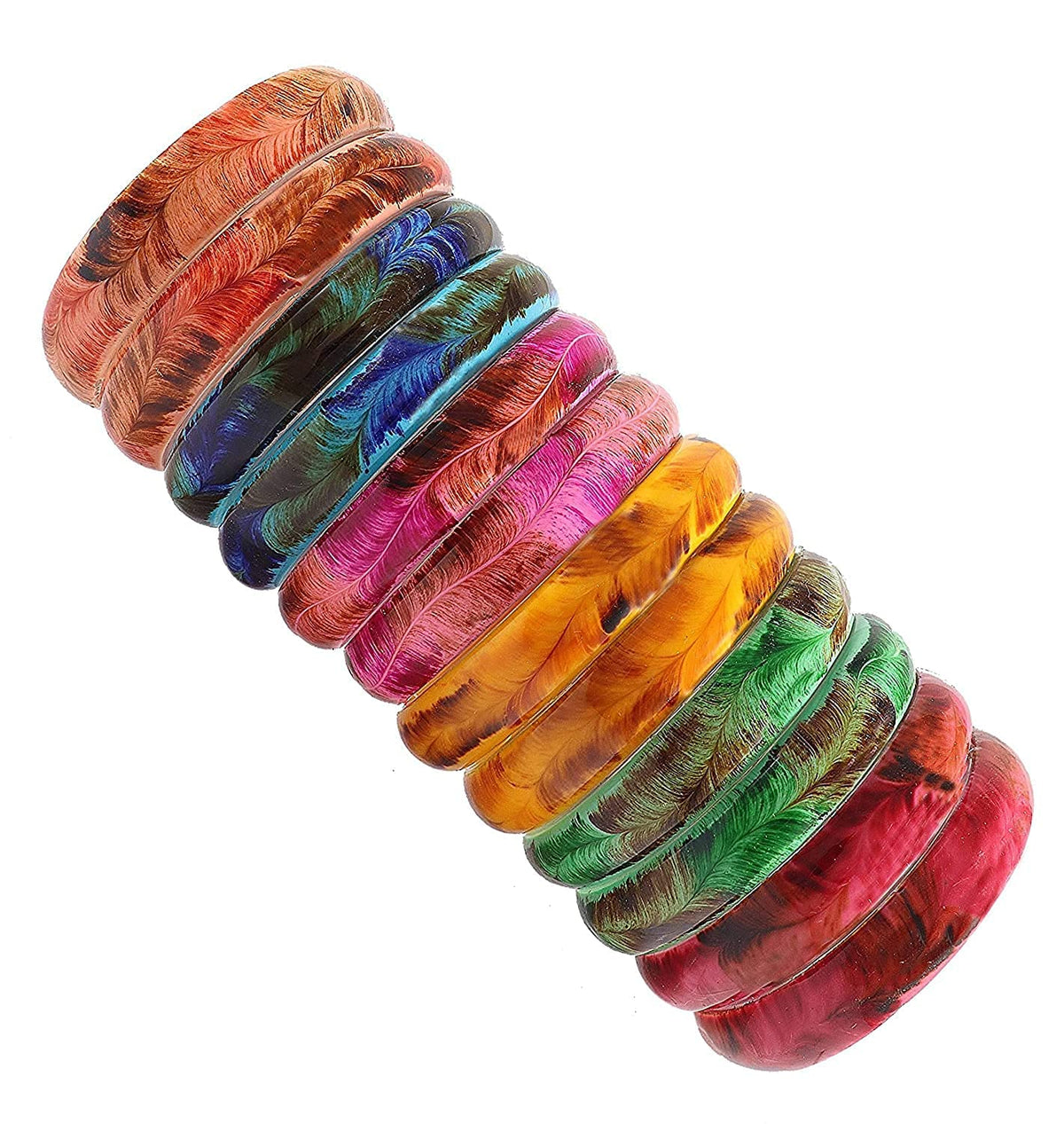 NMII Glass with Feather Pattern Glossy Finished Kada Set For Women and Girls, (Multi-Colour_2.6 Inches), Pack Of 12 Kada Set