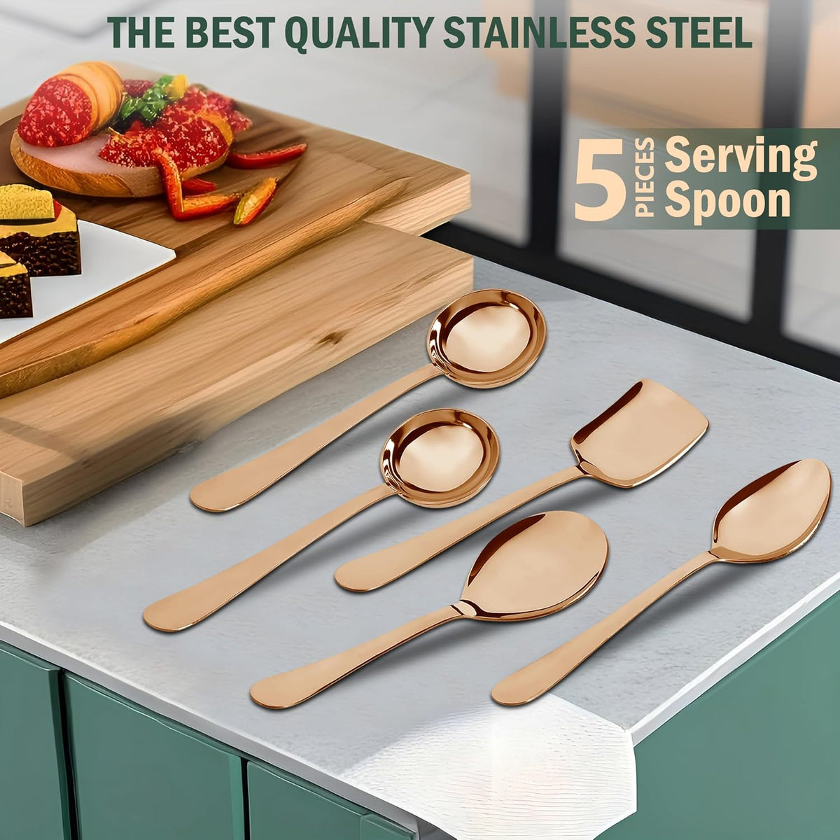 Parage 5 Pieces Stainless Steel Serving Spoons Set of 5 for Dining Table/Kitchen, 1.8 mm Heavy Gauge (2 Soup Ladle/Karchi, 1 Deep Turner, 1 Solid Spoon (Chamcha), 1 Rice Spoon (Steel Rose, Pack of 5)