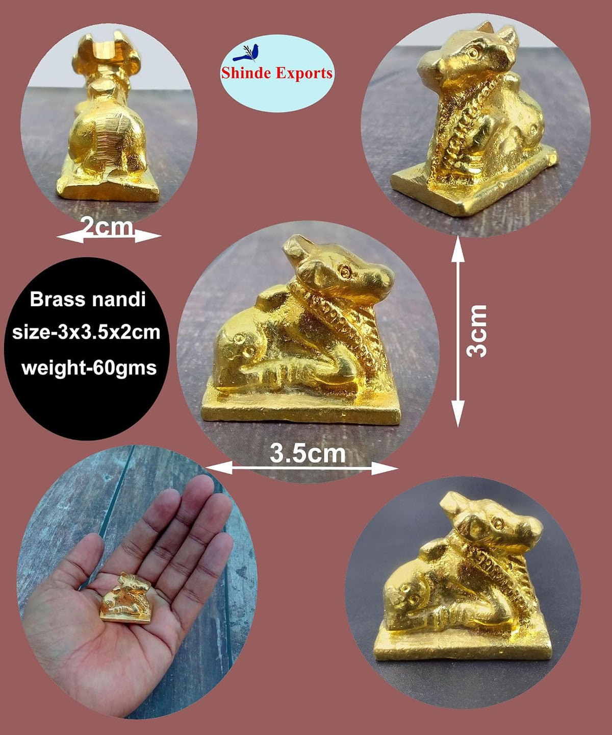 SHINDE EXPORTS Small Brass Nandi Idol Statue vastu Bull murti for Pooja at mandir Home (Brass Nandi 3cm)