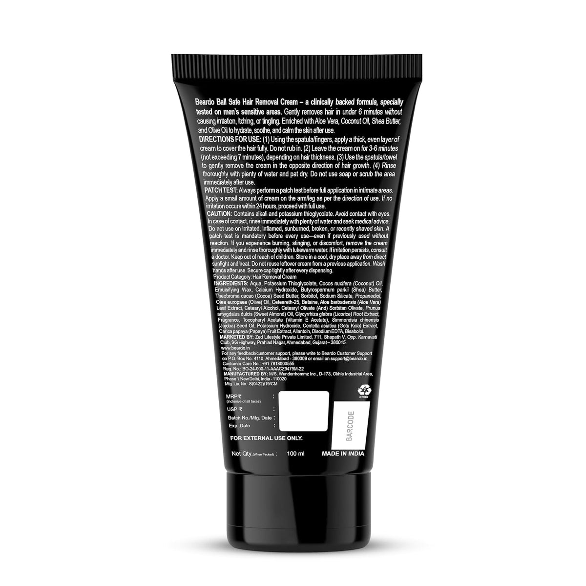 Beardo Ball Safe Hair Removal Cream | Intimate Hair Removal Cream for Men | Painless & Safe Hair Removal in Minutes | With Coconut Oil, Shea Butter & Aloe Vera for Smooth & Hydrated Skin | Dermatologically Tested - 100ml
