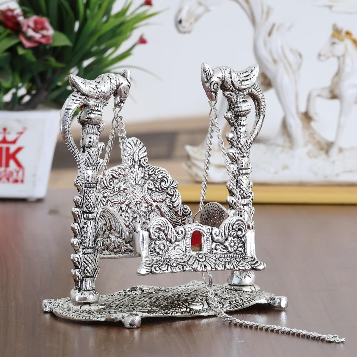 KridayKraft Metal Swing Laddu Gopal Jhula,Krishna Hindola Palana,Decorative Laddu Gopal for Temple Pooja,Showpiece Figurines,Religious Idol Gift Article.