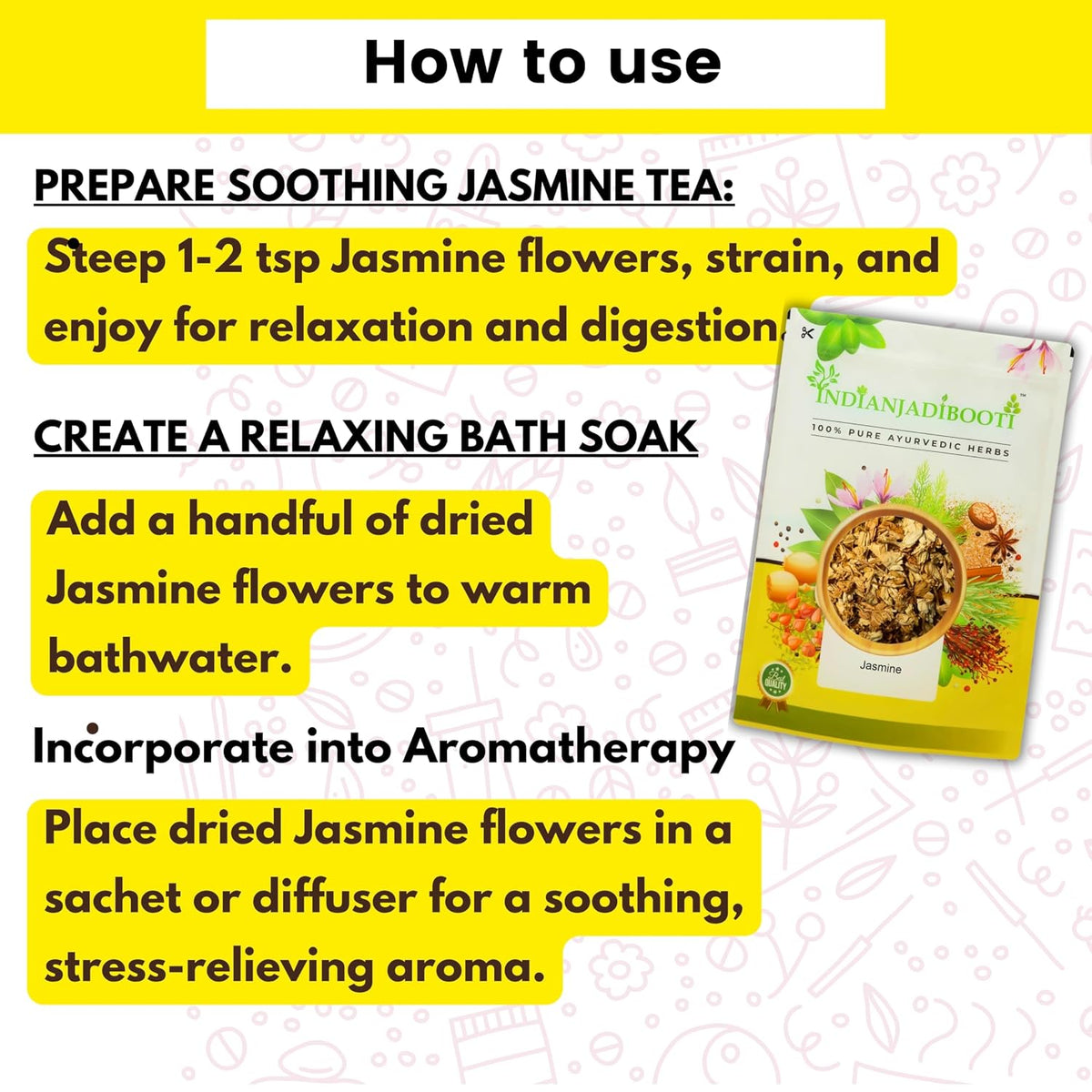 IndianJadiBooti Pure Dried Jasmine Flowers (Mogra/Chameli) | Traditional Aromatic Botanical for Calming Herbal Teas, DIY Skincare & Apothecary Crafting 100 Grams Pack