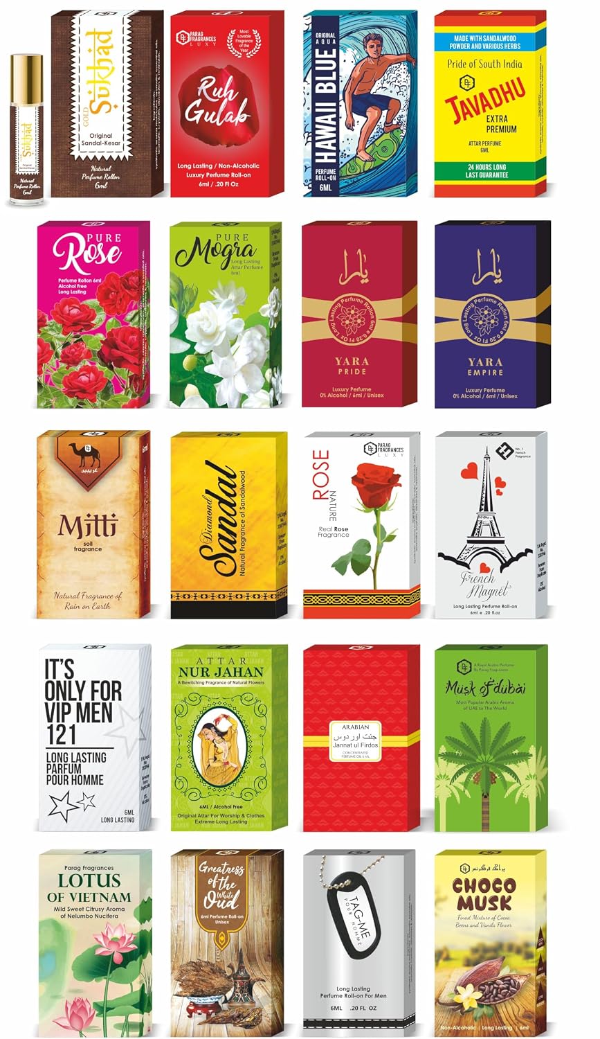 Parag Fragrances Top 6 Attars For Men Combo Pack of 6ml × 6pc (Hawaii Blue,It's Only For Vip Men 121,Tag Me,One Day Star,Aqua Bomb,Greatness of White Oud)