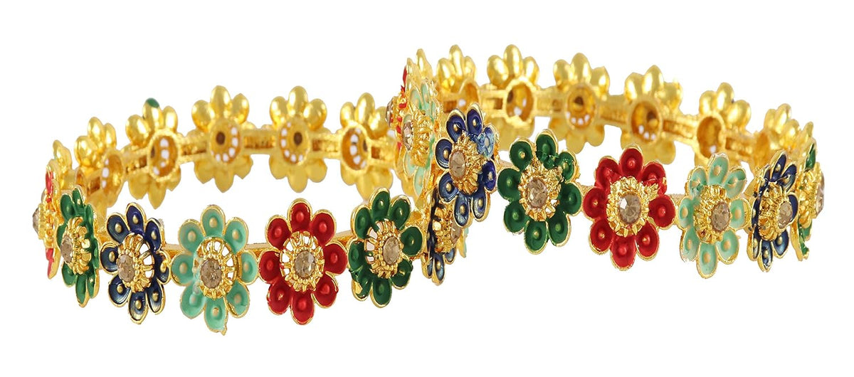 NMII Non-Precious Metal Base Metal with Zircon Gemstone Or Leaf Shaped Beads and Flower Shaped Glossy Finished Kada Set For Women and Girls