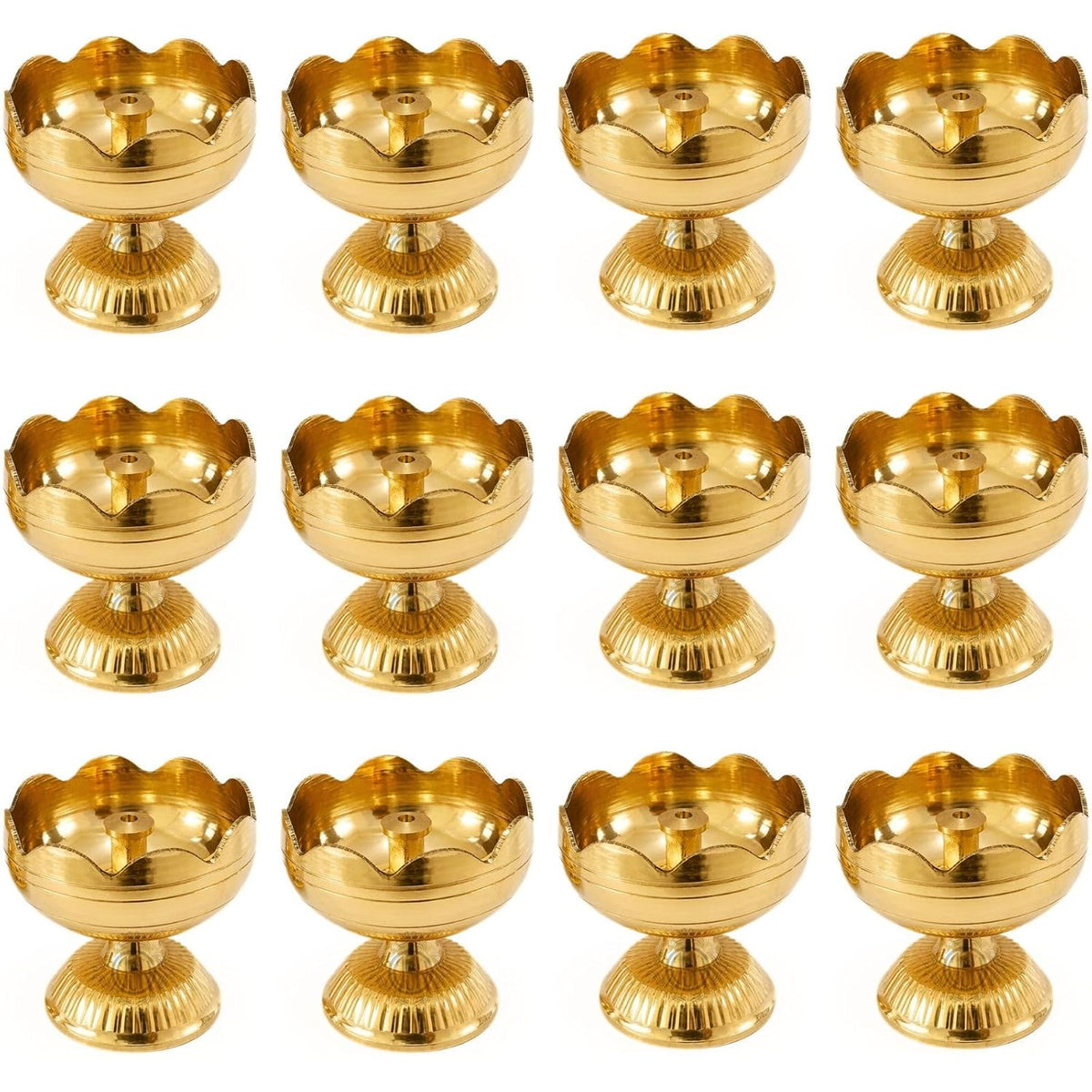 DSH Brass Diya Pure Brass Traditional Oil Puja Lamp for Temple, Mandir, Festival Decoration, Home Decor & Diwali Gift (Flower Bloom, Set of 12)