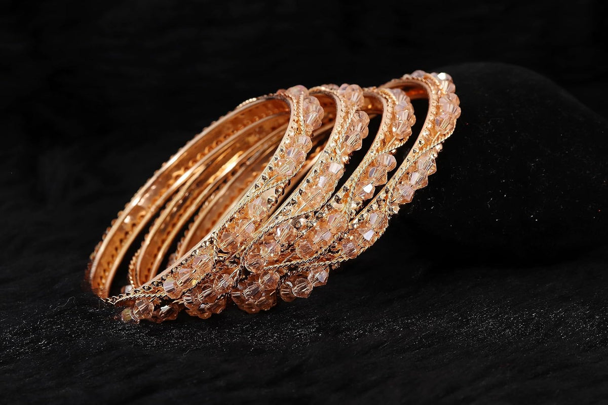NMII Alloy Metal Bangles Set For Girls & Women Studded Pearls and Chain | Stylish Bangles Bracelet | Fancy Metal bangles | Women's Jewellery | (Pack of 4)