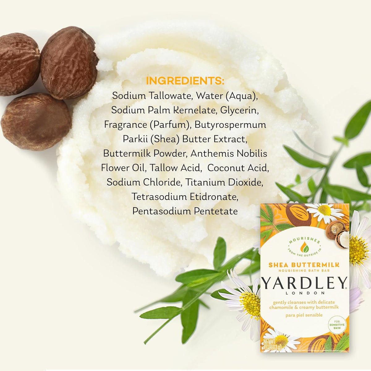 Yardley London Shea Buttermilk Sensitive Skin Naturally Moisturizing Bath Bar, 4.25 ounce, 2 Count