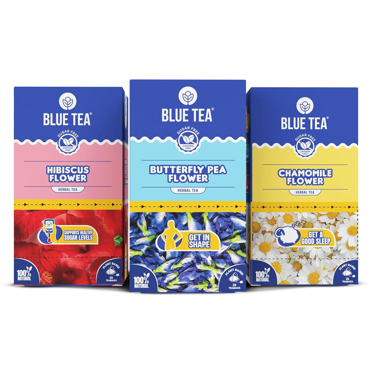BLUE TEA - Assorted Herbal Tea - (Butterfly Pea, Hibiscus, Chamomile) - 25 Tea Bags (Pack of 3) Plant Based | MANAGE WEIGHT | HELPS IN BLOOD SUGAR & SLEEP |Single Tear Tea Box | Easy Pull Sachets
