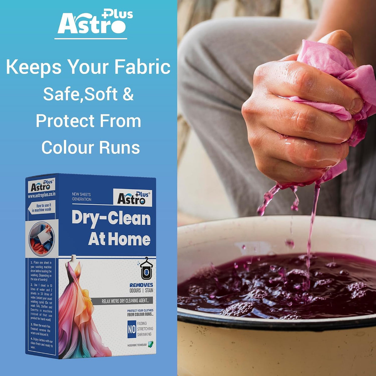 ASTRO PLUS+ Cloths Dry Clean at Home Liquid Sheets | Advance Cleaning Technology Silk Chiffon Cotton Georgette Linen and Woolen (20 Sheets) (500ml) & Stain Remover (500ml)