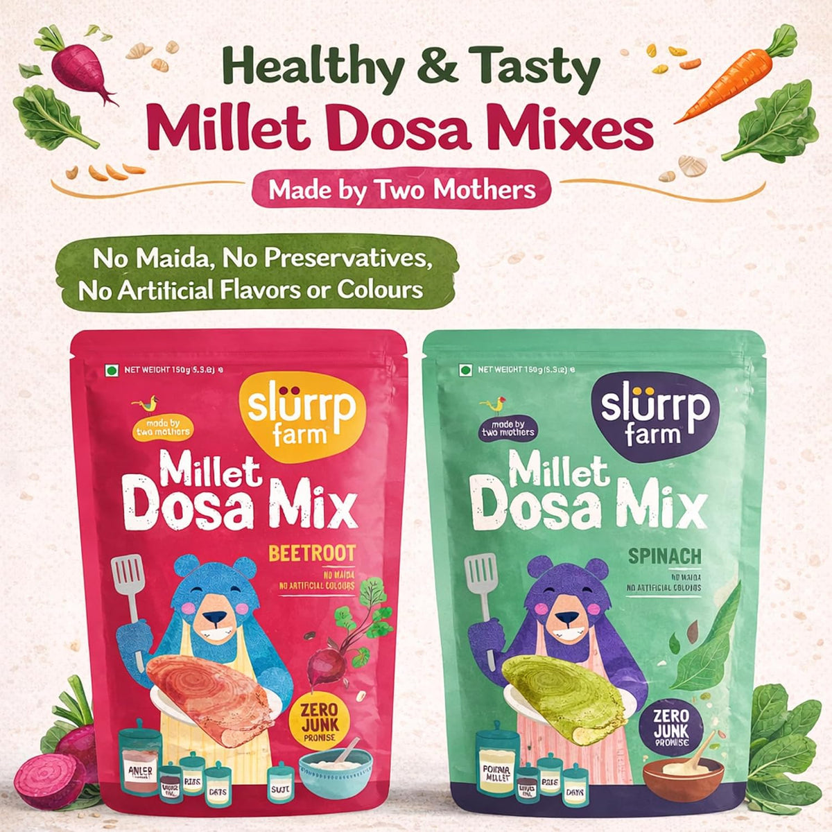 Slurrp Farm Millet Dosa Instant Mix, Supergrains Spinach And Beetroot, Natural And Healthy Food, 150g (Pack Of 2)