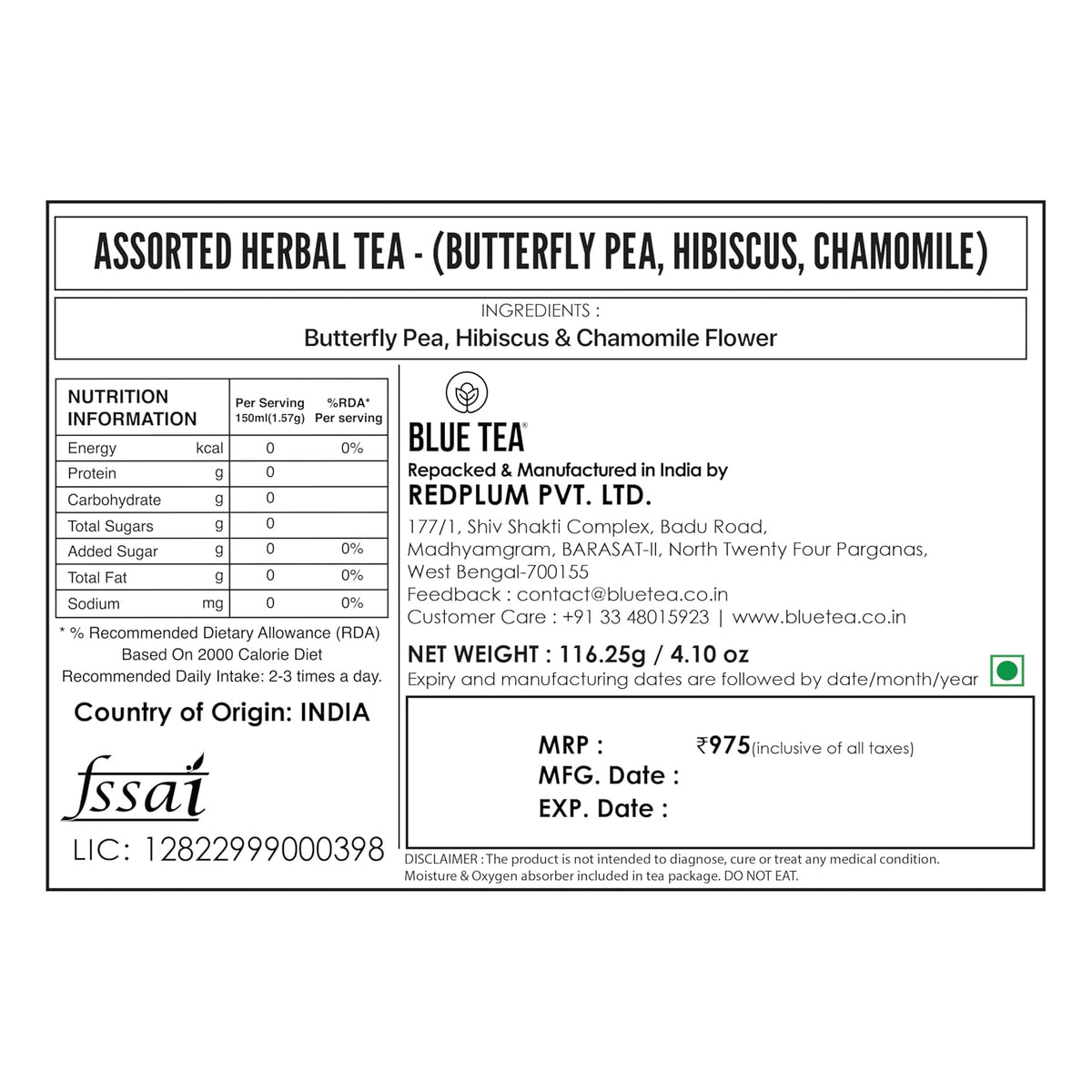 BLUE TEA - Assorted Herbal Tea - (Butterfly Pea, Hibiscus, Chamomile) - 25 Tea Bags (Pack of 3) Plant Based | MANAGE WEIGHT | HELPS IN BLOOD SUGAR & SLEEP |Single Tear Tea Box | Easy Pull Sachets
