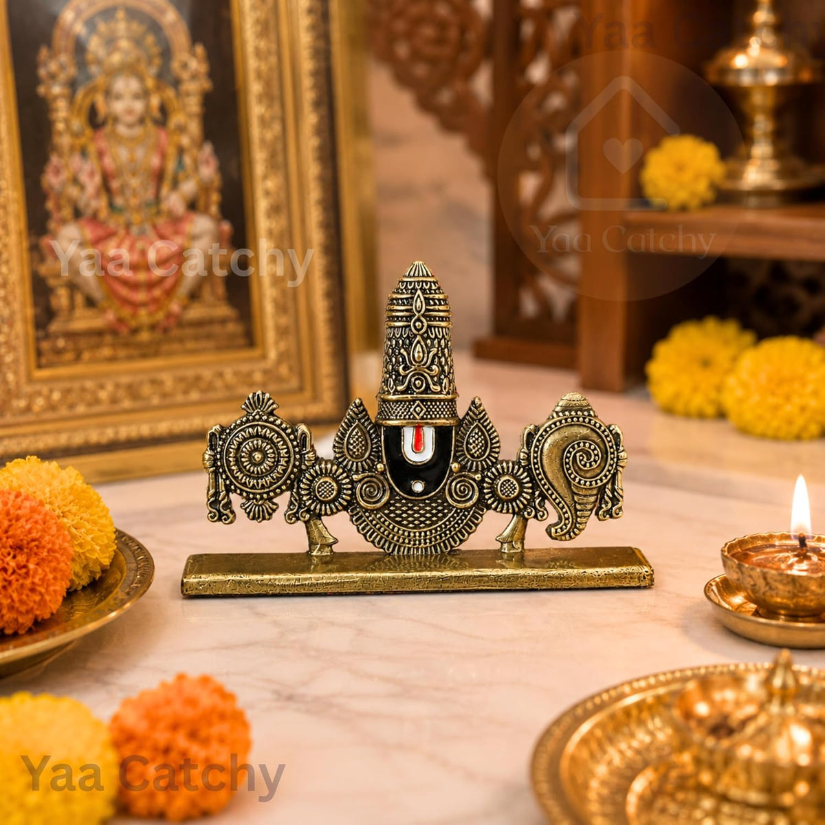 YaaNatural Yaa Catchy Lord Venkateswara Balaji Idol | Double-Sided 360° Design | Premium Antique Gold Resin Tirupati Balaji Murti | Car Dashboard, Home Temple, Office Desk & Pooja Decor | Spiritual Gift