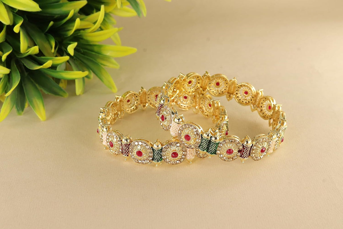 NMII Royal Golden Metal Bangles Set For Women & Girls with Zircon Diamond Stone | Traditional Gold Plated Kangan Set | Fancy Women's Fashion Jewellery Bangles | Wedding, Party, Festive- Set of 2
