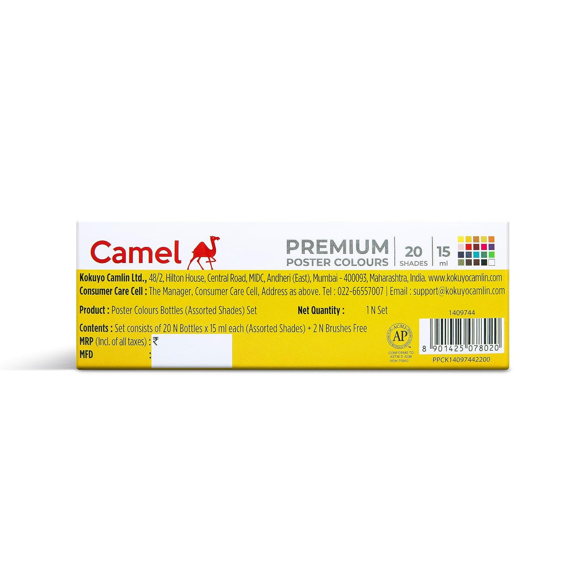 Camel Premium Poster Colour with Brush - 20 Shades (Multicolor)
