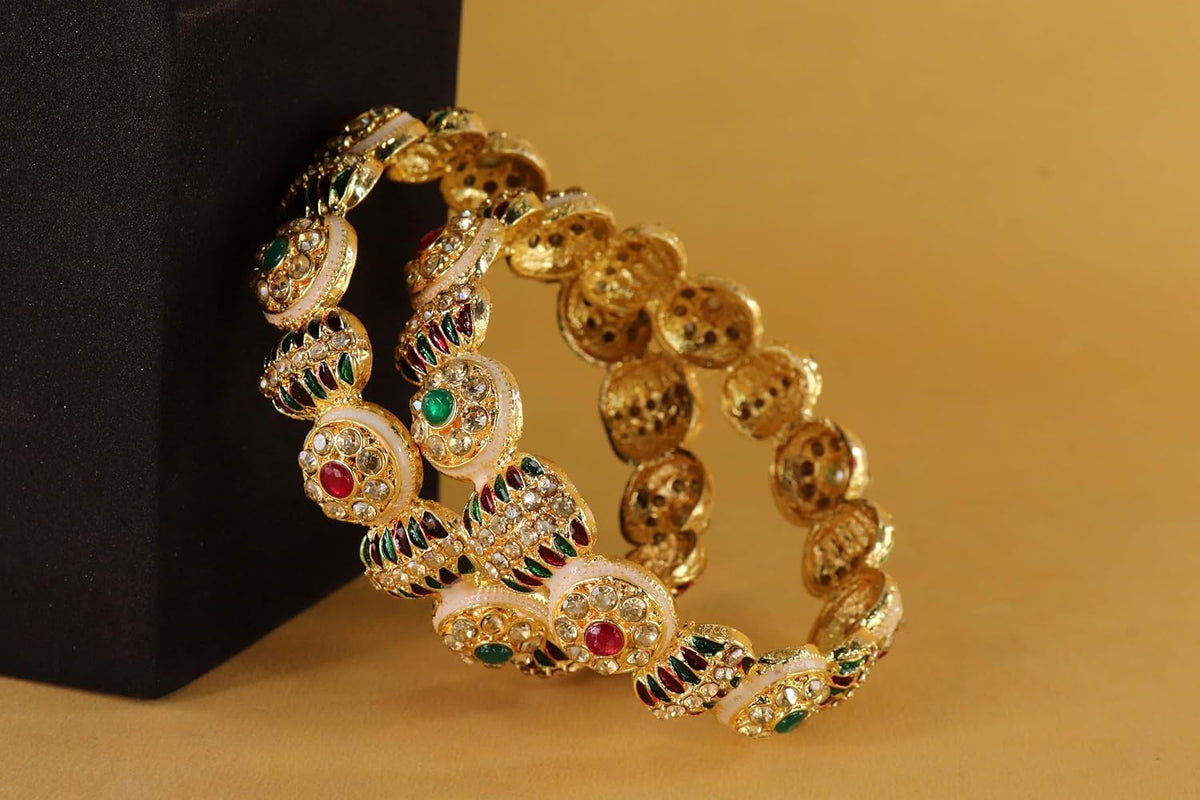 NMII Golden Metal Bangles Set with Red & Green Zircon Stones For Women & Girls | Traditional Rajwadi Design Kangan | Perfect Bangles Set For Wedding, Party, Festive, Occasion, Daily- Set of 2
