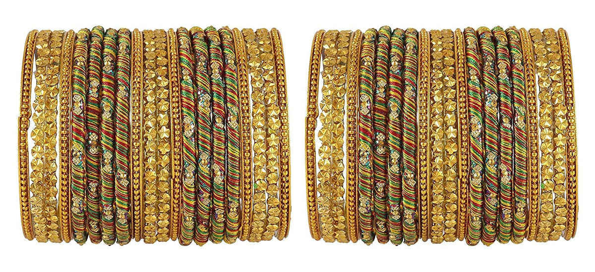 NMII Glass with Beads studded silk thread and Ball Chain Linked Bangle set for Women/Girls, (Multi_2.8 Inches), Pack Of 40 Bangles