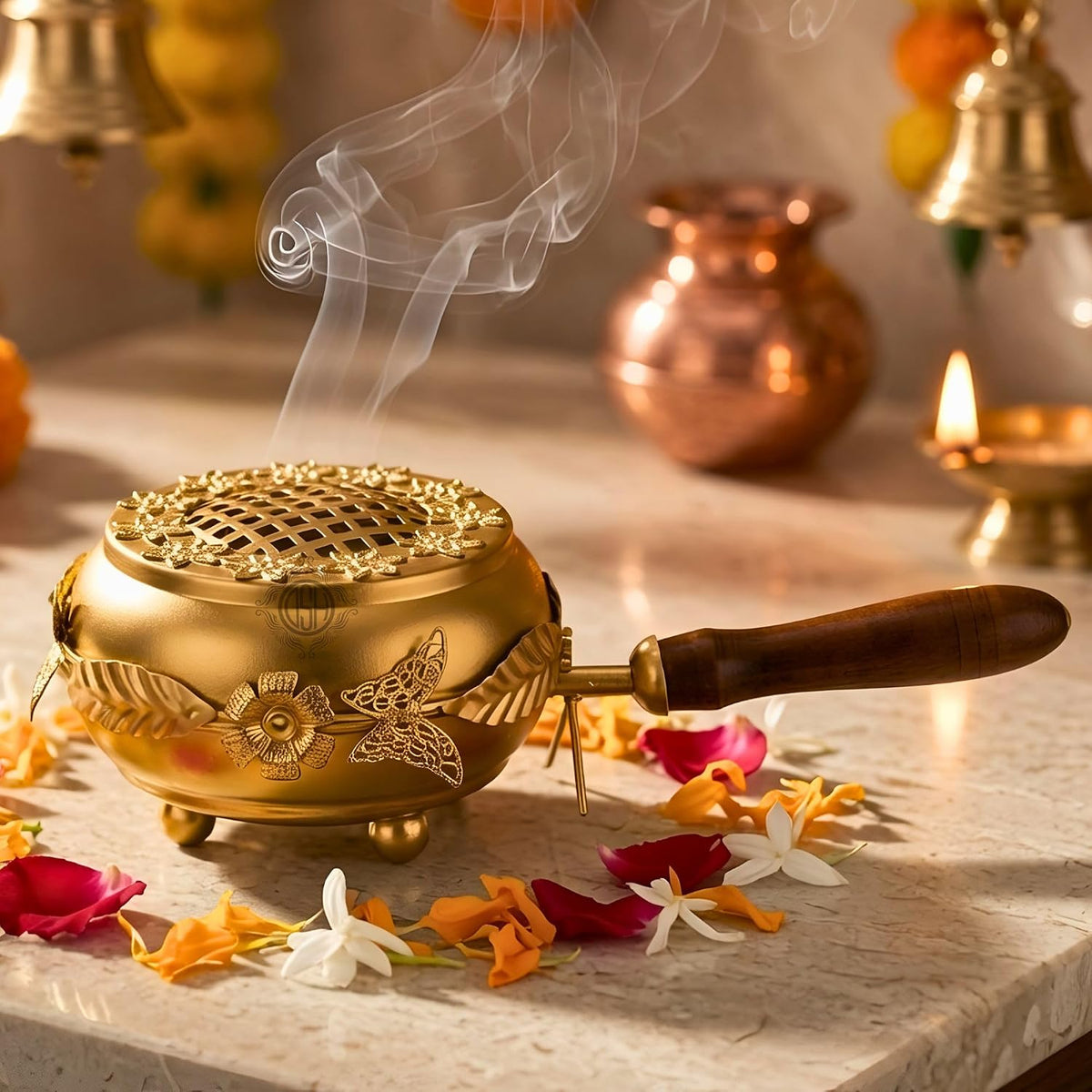 DSH Home Purifying Incense Burner Loban Burner with Wooden Handle Dhoop Dhuni Burner Home Office Temple Prayer Butler.(L-7)