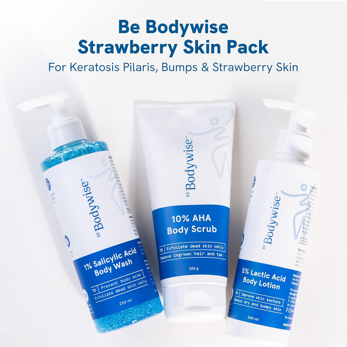 Be Bodywise Strawberry Skin Pack | With 1% SA Body Wash, 5% Lactic Acid Body Lotion & 10% AHA Scrub | Exfoliates, Reduces Body Acne, Strawberry Skin & Uneven Texture | 650ml