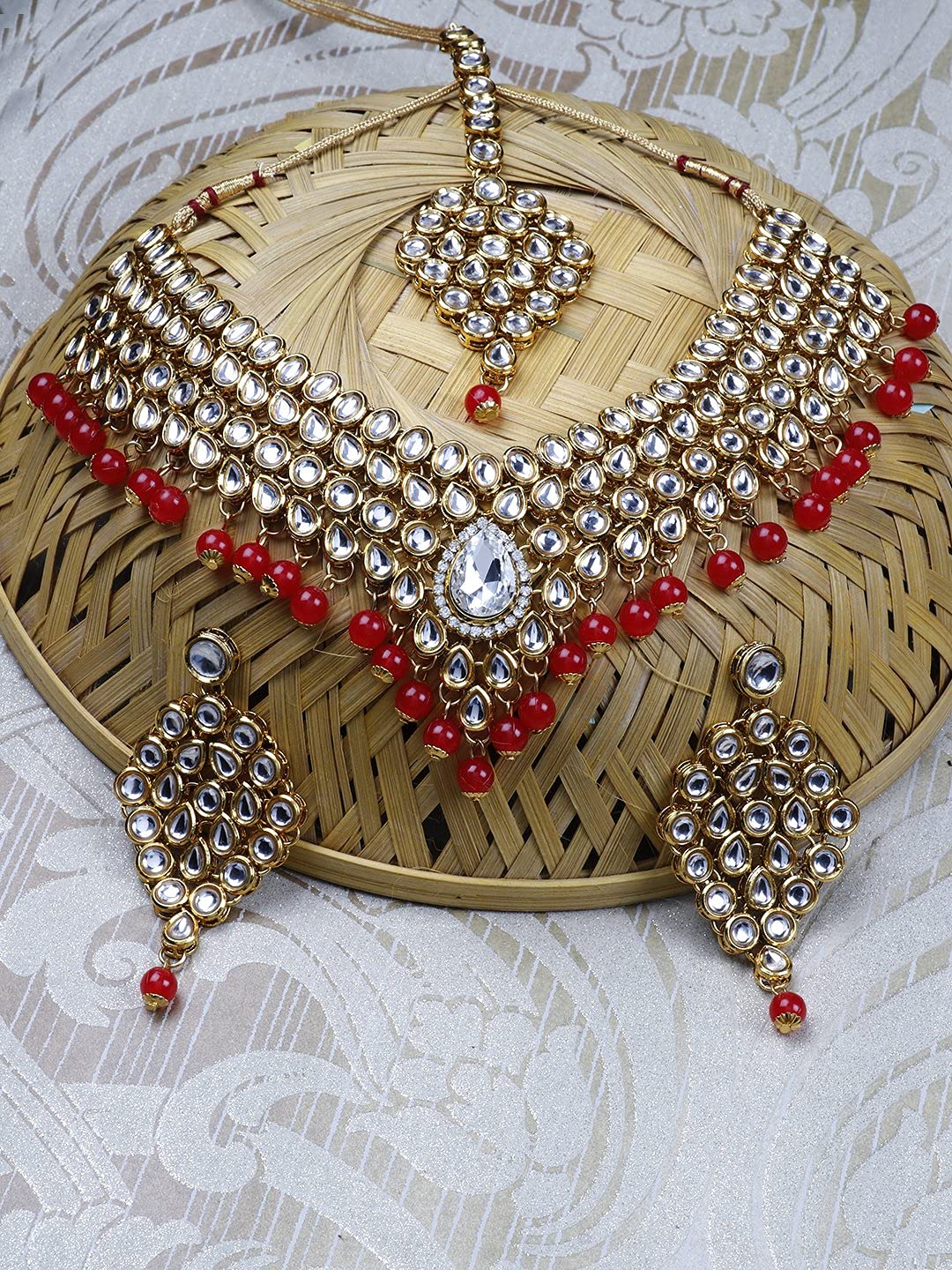 Priyaasi Gold-Plated Kundan Studded Jewellery Set With Drop Beads in Red Color, One Size (NL-PR-10059)