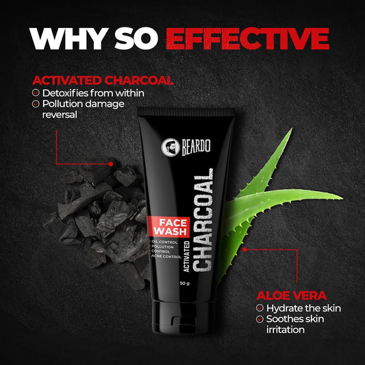 Beardo Activated Charcoal Face Wash for men, 50ml | For Deep Pore Cleaning and Removes Dirt | face wash for acne and pimples | face wash for oily skin