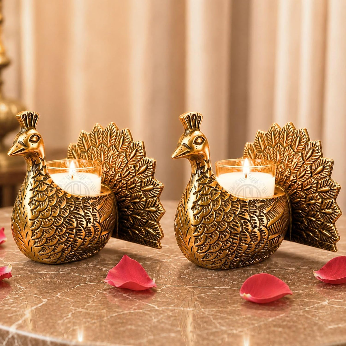 DSH Decorative Dancing Peacock Tealight Candle Holder Set of 2 with Glass Votive Antique Gold Metal Candle Stand for Home Decor, Table Centerpiece, Diwali & Gifting
