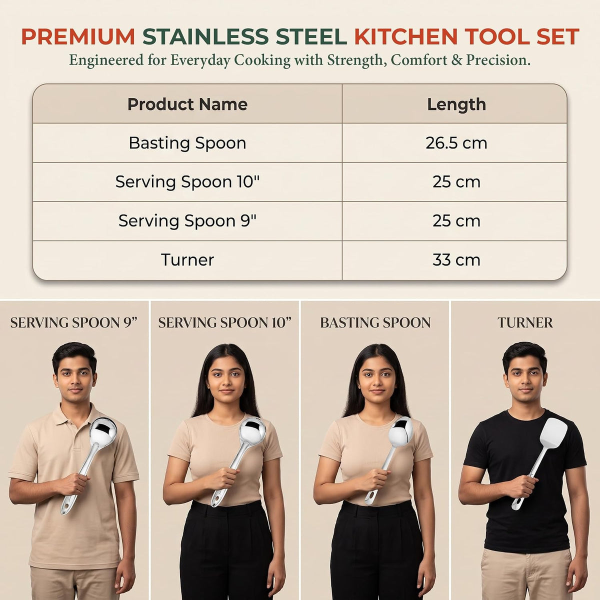 Parage Stainless Steel Kitchen Tools Set for Kitchen Cooking and Serving, Pack of 4, Serving Spoon, Turner/Spatula (Palta), Basting and Rice Spoon, Silver (Size: 26.5 cms, 25 cms x 2, 23 cms)