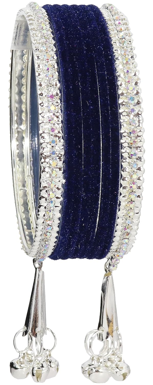 NMII Metal with Zircon Gemstone and Velvet Studded Bells Latkan Bangles Set For Girls and Women I Latkan Bangles, Premium Bangle Bracelet Set I Pack of 16 Bangles